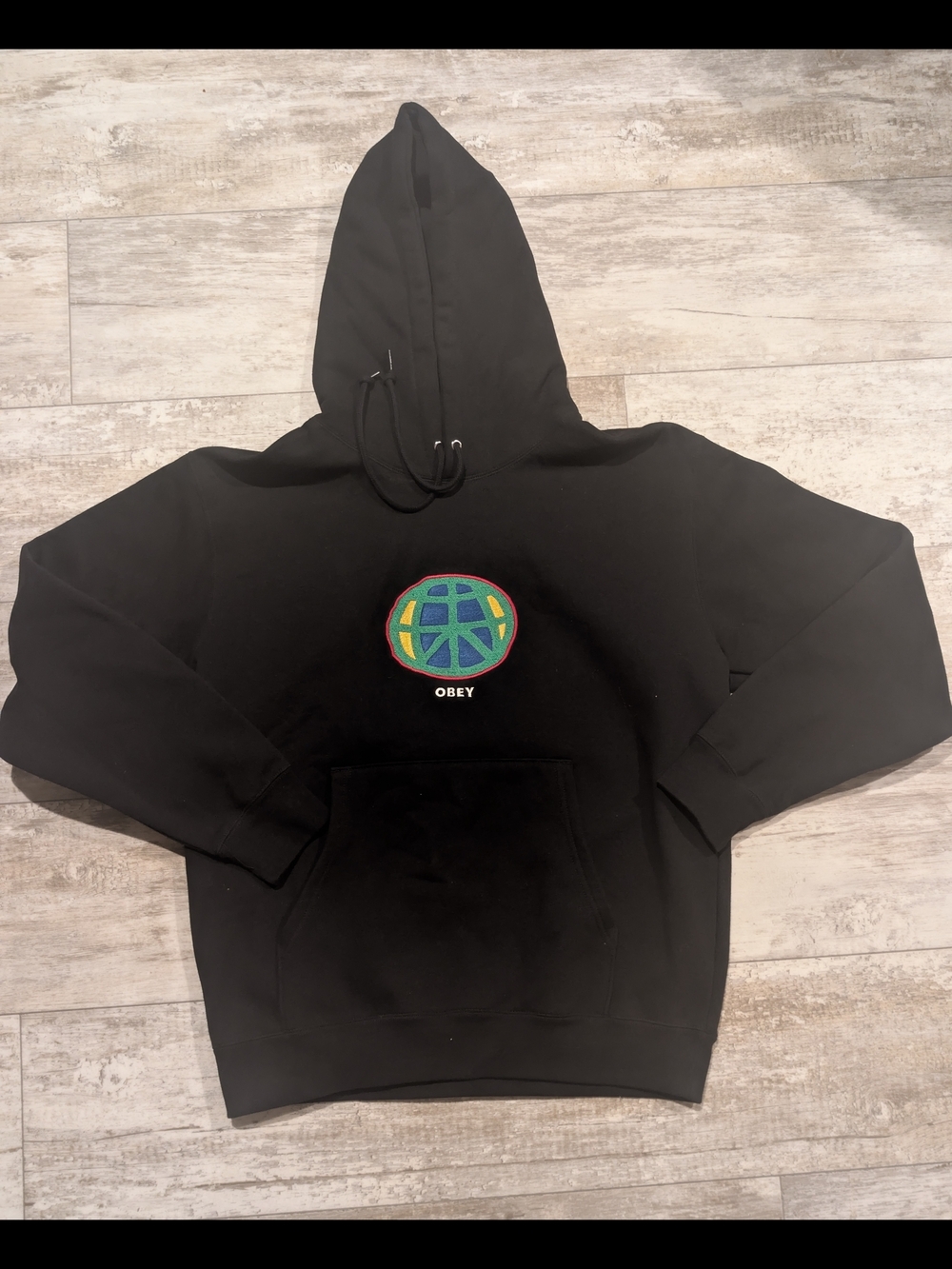 Obey Black Hoodie with Multicolor Globe Patch NWOT